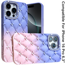 For iPhone 16 Pro 6.3in Case Bling Diamond Pattern Padded Cover + Tempered Glass