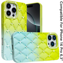 For iPhone 16 Pro 6.3in Case Bling Diamond Pattern Padded Cover + Tempered Glass