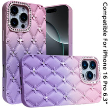 For iPhone 16 Pro 6.3in Case Bling Diamond Pattern Padded Cover + Tempered Glass
