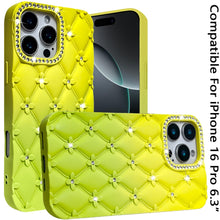 For iPhone 16 Pro 6.3in Case Bling Diamond Pattern Padded Cover + Tempered Glass