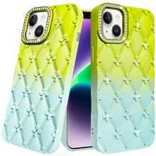 For iPhone 13/14 Case Bling Diamond Quilted Pattern Phone Cover + Tempered Glass