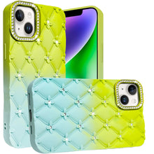 For iPhone 13/14 Case Bling Diamond Quilted Pattern Phone Cover + Tempered Glass