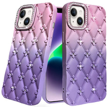 For iPhone 13/14 Case Bling Diamond Quilted Pattern Phone Cover + Tempered Glass