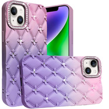 For iPhone 13/14 Case Bling Diamond Quilted Pattern Phone Cover + Tempered Glass