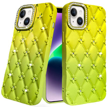 For iPhone 13/14 Case Bling Diamond Quilted Pattern Phone Cover + Tempered Glass