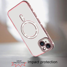 For iPhone 13/14 Case Rhinestone Bling Trim w/ Magnetic Circle + Tempered Glass
