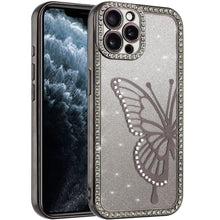 For iPhone 11 Pro Max Case Large Bling Butterfly Glitter Case + Tempered Glass