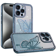 For iPhone 15 Pro Max Case Large Bling Butterfly Glitter Case + 2 Tempered Glass