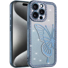 For iPhone 15 Pro Max Case Large Bling Butterfly Glitter Case + 2 Tempered Glass