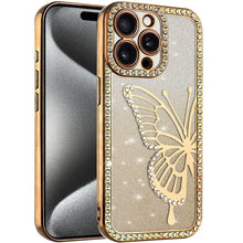 For iPhone 15 Pro Max Case Large Bling Butterfly Glitter Case + 2 Tempered Glass