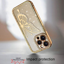 For iPhone 15 Pro Max Case Large Bling Butterfly Glitter Case + 2 Tempered Glass