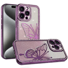 For iPhone 15 Pro Max Case Large Bling Butterfly Glitter Case + 2 Tempered Glass