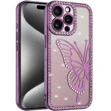 For iPhone 15 Pro Max Case Large Bling Butterfly Glitter Case + 2 Tempered Glass