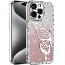 For iPhone 15 Pro Max Case Large Bling Butterfly Glitter Case + 2 Tempered Glass