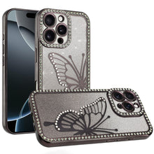 For iPhone 16 PRO MAX Case Large Bling Butterfly Glitter Case + Tempered Glass