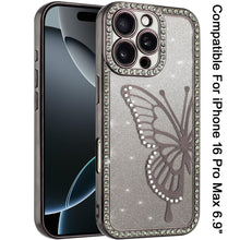 For iPhone 16 PRO MAX Case Large Bling Butterfly Glitter Case + Tempered Glass