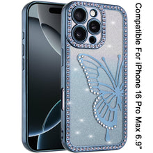 For iPhone 16 PRO MAX Case Large Bling Butterfly Glitter Case + Tempered Glass