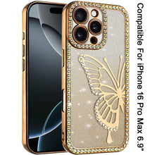 For iPhone 16 PRO MAX Case Large Bling Butterfly Glitter Case + Tempered Glass