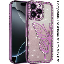 For iPhone 16 PRO MAX Case Large Bling Butterfly Glitter Case + Tempered Glass