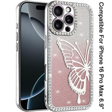 For iPhone 16 PRO MAX Case Large Bling Butterfly Glitter Case + Tempered Glass