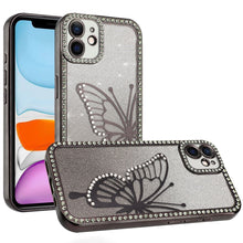 For iPhone 11 6.1 in. Case Large Bling Butterfly Glitter Case + Tempered Glass