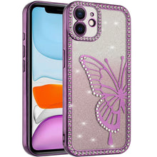 For iPhone 11 6.1 in. Case Large Bling Butterfly Glitter Case + Tempered Glass