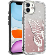 For iPhone 11 6.1 in. Case Large Bling Butterfly Glitter Case + Tempered Glass