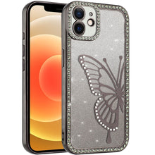 For iPhone 12, 12 Pro Case Large Bling Butterfly Glitter Case + Tempered Glass
