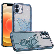 For iPhone 12, 12 Pro Case Large Bling Butterfly Glitter Case + Tempered Glass