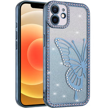 For iPhone 12, 12 Pro Case Large Bling Butterfly Glitter Case + Tempered Glass