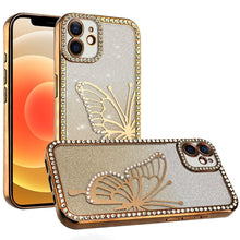 For iPhone 12, 12 Pro Case Large Bling Butterfly Glitter Case + Tempered Glass