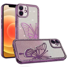 For iPhone 12, 12 Pro Case Large Bling Butterfly Glitter Case + Tempered Glass