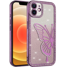 For iPhone 12, 12 Pro Case Large Bling Butterfly Glitter Case + Tempered Glass