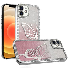 For iPhone 12, 12 Pro Case Large Bling Butterfly Glitter Case + Tempered Glass