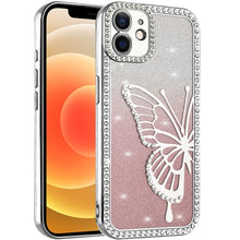 For iPhone 12, 12 Pro Case Large Bling Butterfly Glitter Case + Tempered Glass