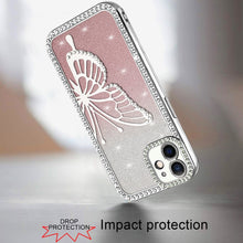 For iPhone 12, 12 Pro Case Large Bling Butterfly Glitter Case + Tempered Glass