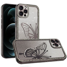 For iPhone 12 Pro Max Case Large Bling Butterfly Glitter Case + Tempered Glass