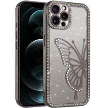 For iPhone 12 Pro Max Case Large Bling Butterfly Glitter Case + Tempered Glass
