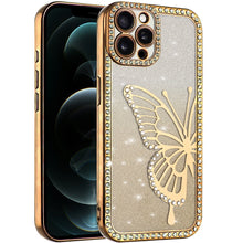 For iPhone 12 Pro Max Case Large Bling Butterfly Glitter Case + Tempered Glass