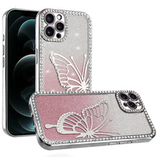 For iPhone 12 Pro Max Case Large Bling Butterfly Glitter Case + Tempered Glass