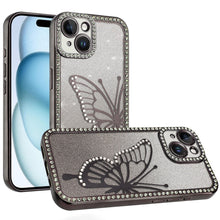 For iPhone 15 Case Large Bling Electroplated Butterfly Glitter +2 Tempered Glass