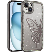 For iPhone 15 Case Large Bling Electroplated Butterfly Glitter +2 Tempered Glass