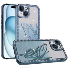 For iPhone 15 Case Large Bling Electroplated Butterfly Glitter +2 Tempered Glass