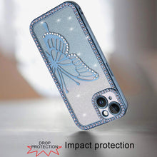 For iPhone 15 Case Large Bling Electroplated Butterfly Glitter +2 Tempered Glass