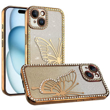 For iPhone 15 Case Large Bling Electroplated Butterfly Glitter +2 Tempered Glass