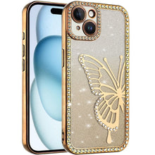 For iPhone 15 Case Large Bling Electroplated Butterfly Glitter +2 Tempered Glass