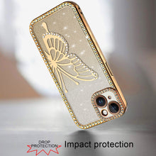 For iPhone 15 Case Large Bling Electroplated Butterfly Glitter +2 Tempered Glass