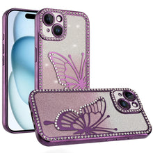 For iPhone 15 Case Large Bling Electroplated Butterfly Glitter +2 Tempered Glass