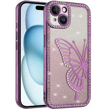 For iPhone 15 Case Large Bling Electroplated Butterfly Glitter +2 Tempered Glass