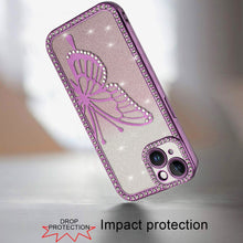 For iPhone 15 Case Large Bling Electroplated Butterfly Glitter +2 Tempered Glass